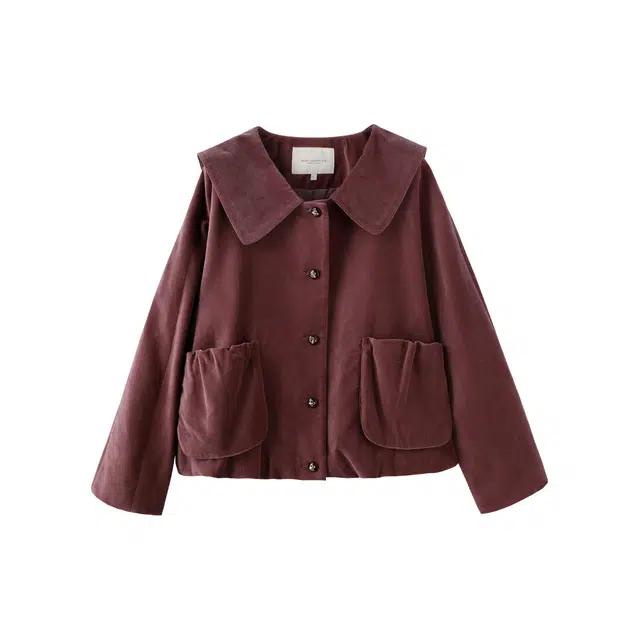 花栗鼠小姐 醇巧丝绒外套 复古甜美减龄活泼少女感翻领立体贴袋设计感抽皱精致小金扣兜兜袖宽松遮肉夹克 女款