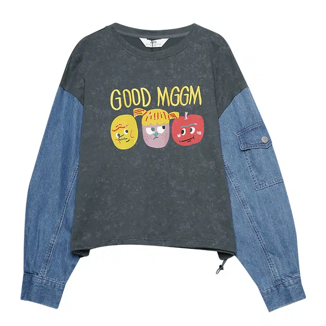 木果果木 高街拼接设计感卡通印花卫衣 女款 岩灰