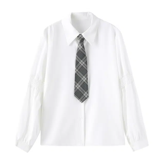 花栗鼠小姐 韩系甜美学院风设计感落肩灯笼袖格子领带宽松翻领衬衫 女款 白色