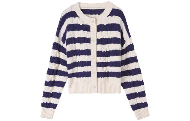 嬉皮少女 条纹立体绞花工艺长袖针织衫 女款 蓝白色条纹