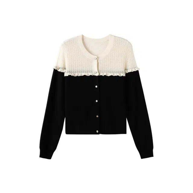 花栗鼠小姐 撞色小香 法式洋气日常通勤小香风镂空钩花圆领减龄木耳边微宽松针织衫 女款 拼色黑