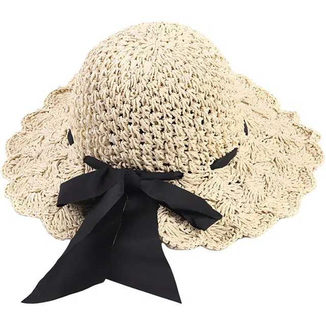 优莲茵 太阳帽夏天沙滩韩版百搭编制蝴蝶结度假草帽花边帽檐遮阳帽 纸草 防晒帽 男女同款情侣款