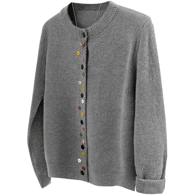 她池 圆领设计感彩色扣子休闲纯色长袖针织衫 女款 深灰色