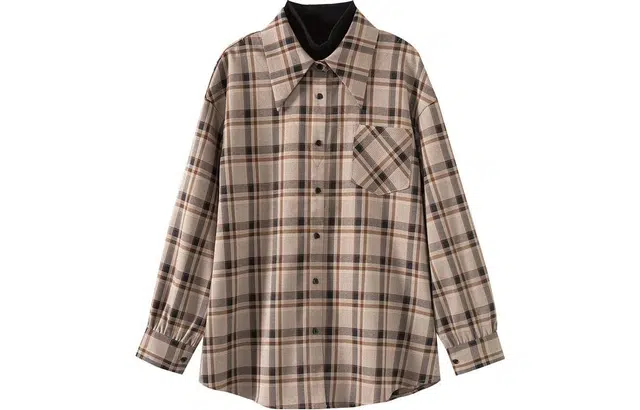 【dme】 格子尖领长袖衬衫 女款 卡其