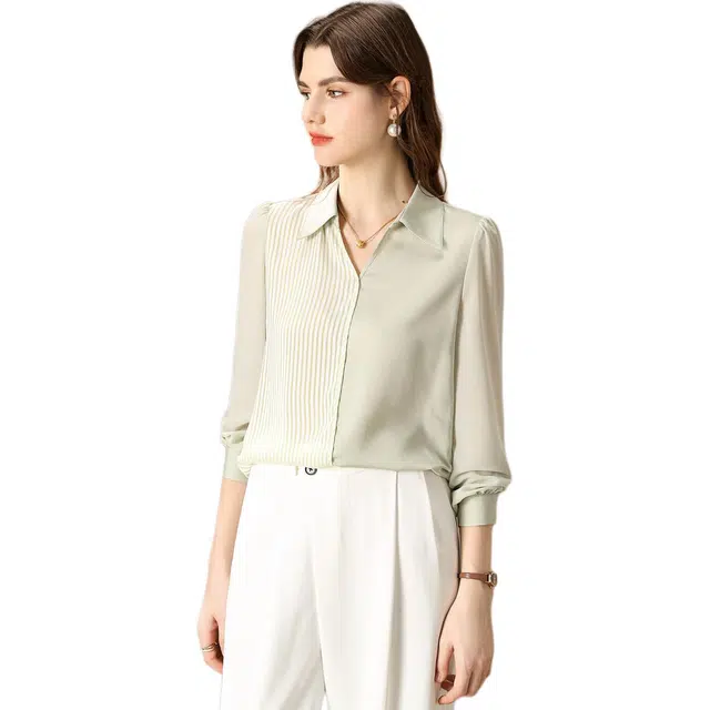 粉红玛琍 条纹半开领通勤长袖衬衫 女款 绿色