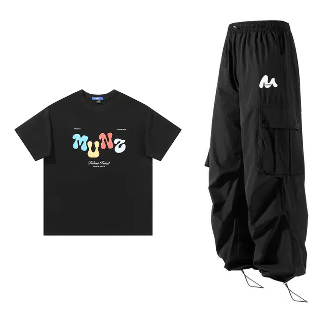 星际者 简约纯色短袖上衣可抽绳两穿工装裤情侣休闲运动套装 男女同款