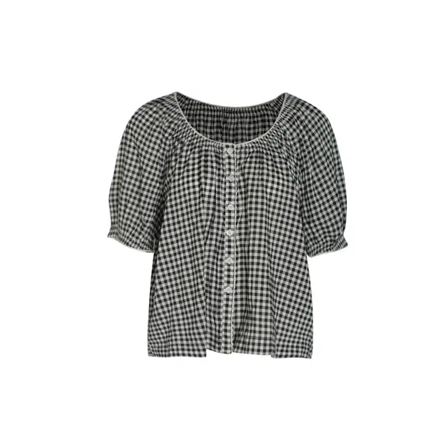 小小拉 田园风甜美蕾丝边泡泡袖短袖衬衫 女款 格纹