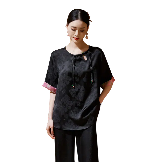 杭依阁 宽松提花拼接短袖衬衫 女款 黑色
