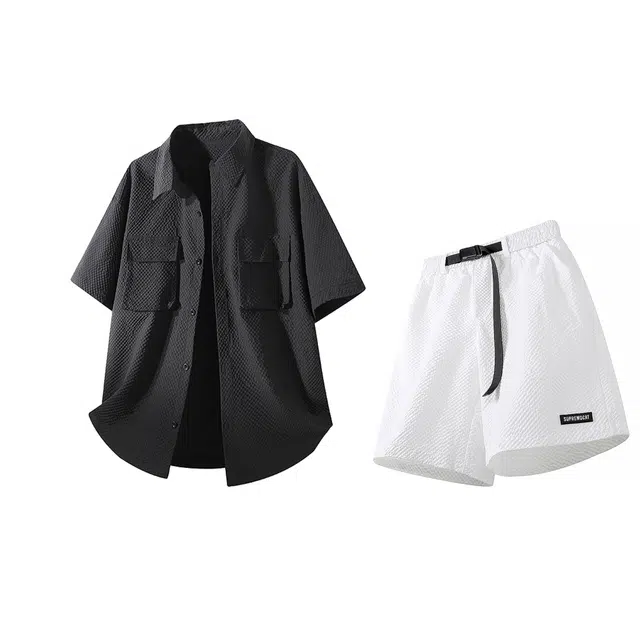 吾皇猫 美式潮流设计短袖上衣宽松百搭短裤衬衫套装 男女同款