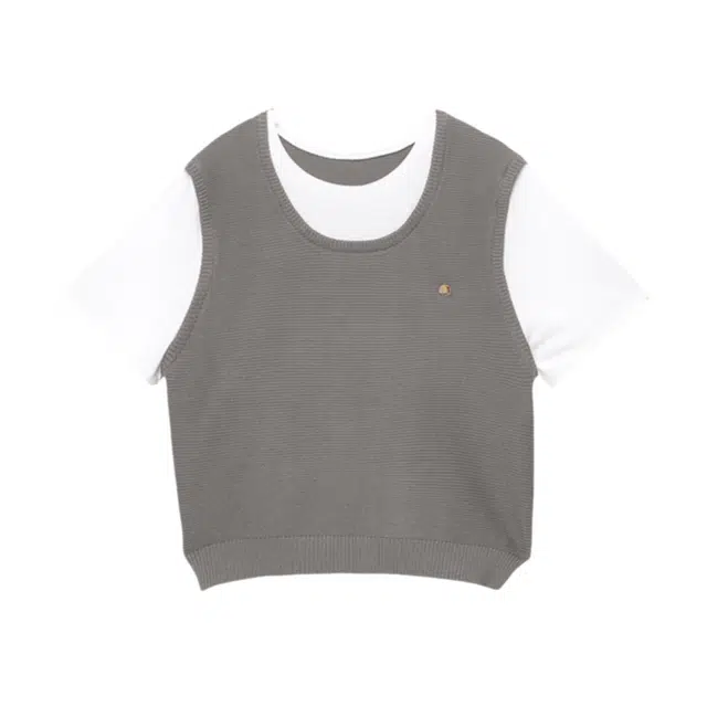 柏黛妃 假两件套头学院风短袖针织衫 女款 灰色