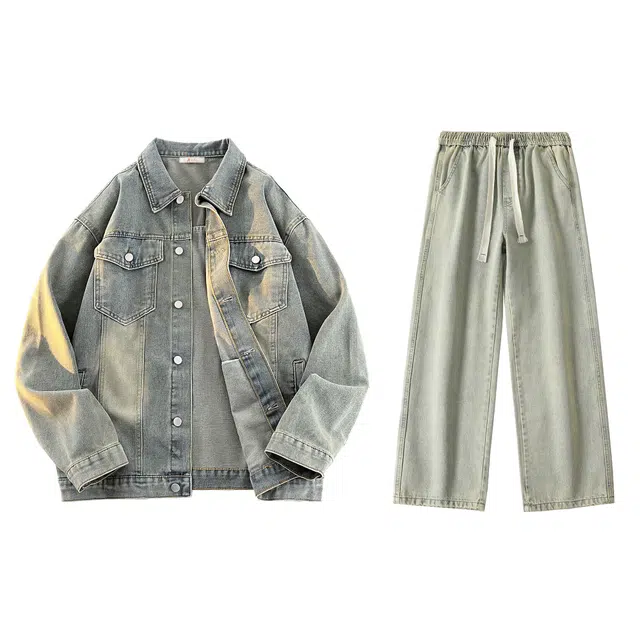 稻草人 美式复古水洗做旧单排纽扣翻领牛仔夹克中腰系带百搭垂感直筒阔腿牛仔裤休闲运动套装 男女同款