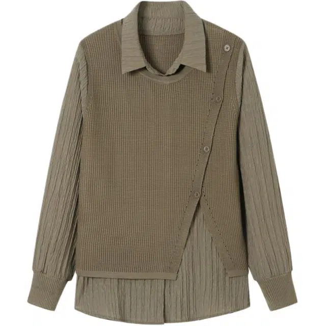 曲韩 假两件宽松套头翻领长袖衬衫 女款