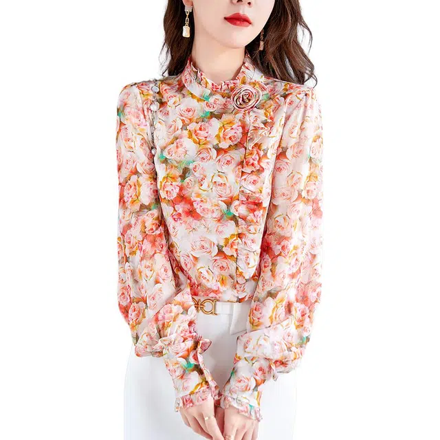 水墨佳人 复古通勤立领碎花长袖衬衫 女款 花色