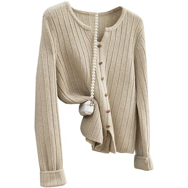 她池 温柔风套头开叉舒适针织衫 女款 卡其色