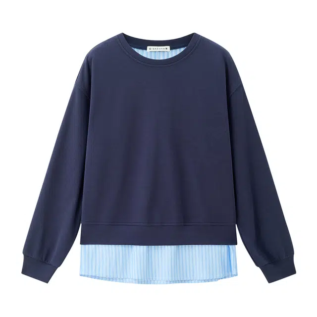 佐丹奴 减龄设计假两件梭织拼接条纹圆领套头卫衣 女款 深宝蓝