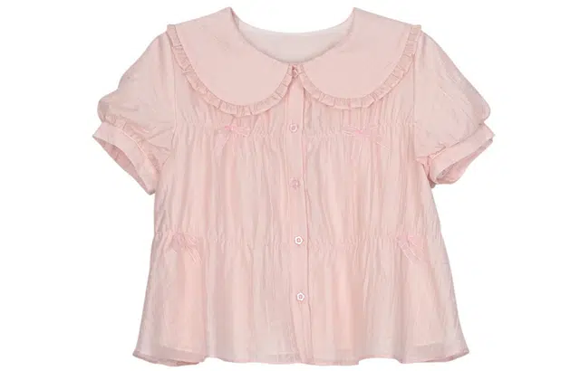 森女部落 原创甜妹粉色娃娃领皱感纯色上衣衬衫 女款