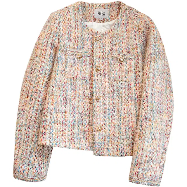 她池 小香风优雅圆领短款夹克外套 女款 糖果色