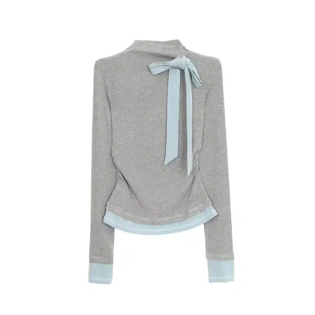 识恩 芭蕾风纯色修身蝴蝶结长袖打底半高领针织衫 女款