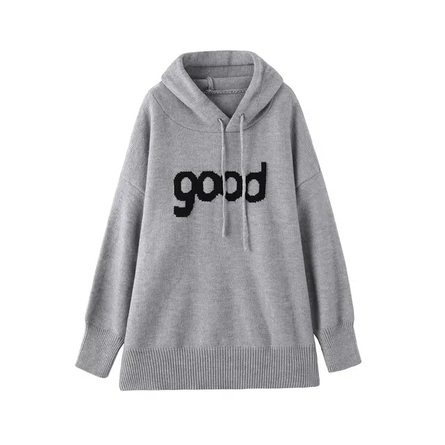 花栗鼠小姐 日系复古温柔风慵懒高级感连帽软糯宽松直筒遮肉毛衣外套针织衫 女款 灰色