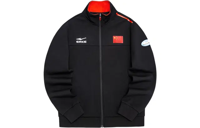 鸿星尔克 生活系列 中国国旗印花休闲运动宽松立领开衫长袖卫衣 女款 正黑