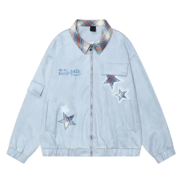 北极绒 格纹翻领宽松美式夹克外套 男女同款