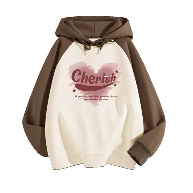 玉儿恋 连帽宽松爱心字母印花图案撞色插肩长袖卫衣 女款