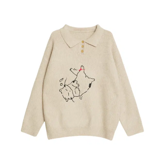 柏黛妃 复古翻领套头宽松慵懒风长袖针织衫 女款 卡其色