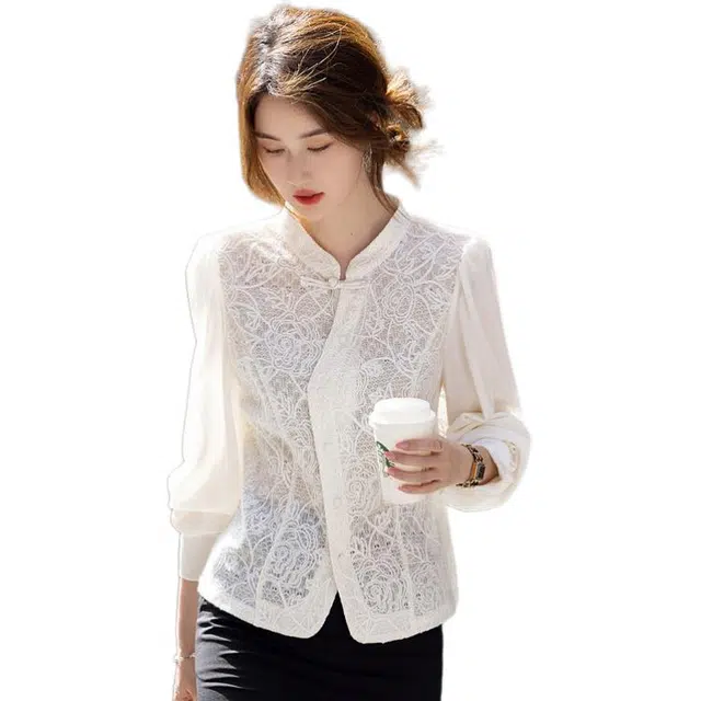 【dme】 复古新中式立领优雅蕾丝长袖衬衫 女款