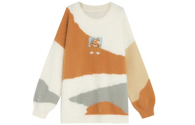 森女部落 原创可爱猫咪撞色露肩仿水貂绒软糯毛衣针织衫 女款