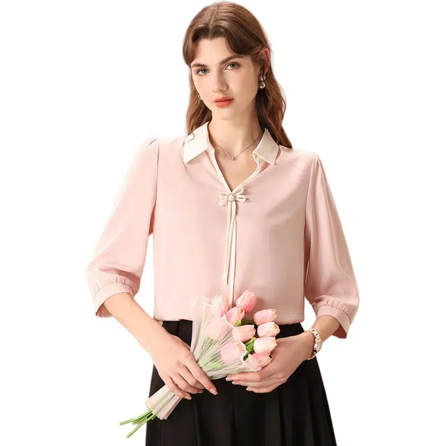 粉红玛琍 宽松通勤简约七分袖衬衫 女款 粉色