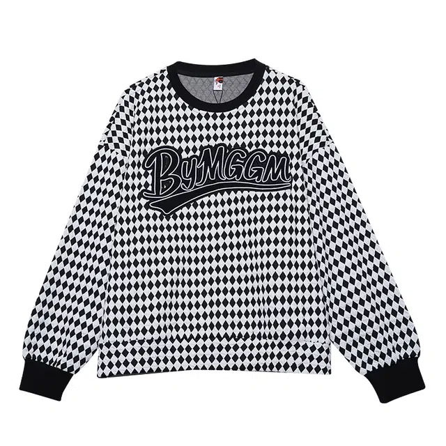 木果果木 撞色字母宽松复古圆领长袖卫衣 女款 黑白格