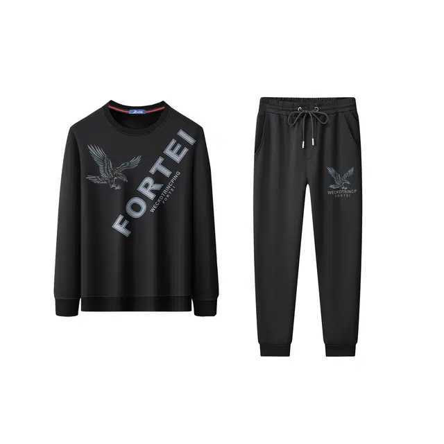 富铤 圆领时尚品牌长袖上衣束脚休闲长裤卫衣套装 男款 黑色