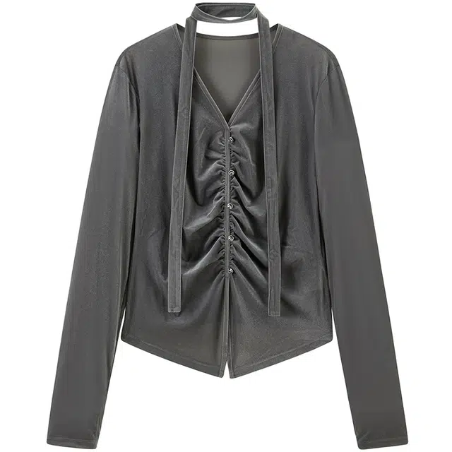 太平鸟 丝绒飘带上衣通勤百搭时尚长袖衬衫 女款