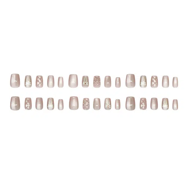 馨枕居 钻石蝴蝶结菱形银豆猫眼  穿戴甲 方圆豆沙粉渐变 新中式