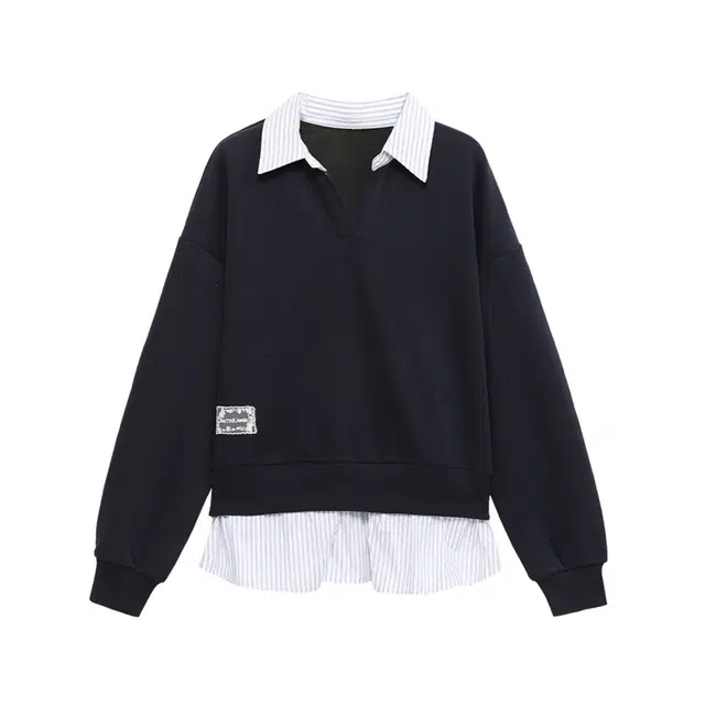 柏黛妃 假两件翻领套头宽松正肩美式长袖卫衣 女款 藏青色