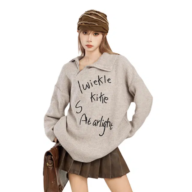 柏黛妃 美式翻领套头慵懒风宽松外穿设计感针织衫 女款 燕麦色