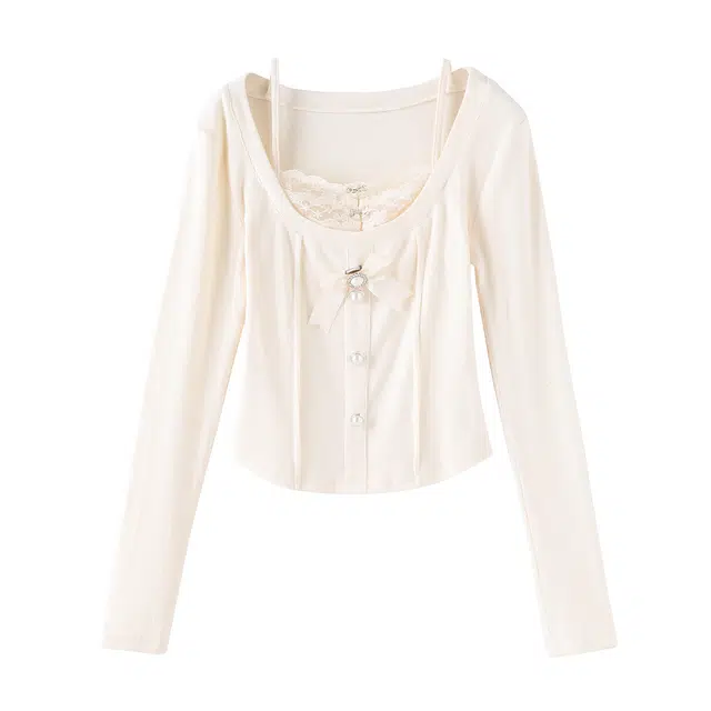 花栗鼠小姐 假两件蕾丝纯色方领通天塔长袖针织衫 女款