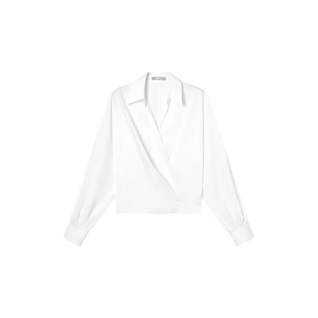 对白 翻领交叉门襟暗扣设计长袖衬衫 女