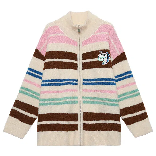 木果果木 复古拼色条纹高领拉链针织衫 女款 花色