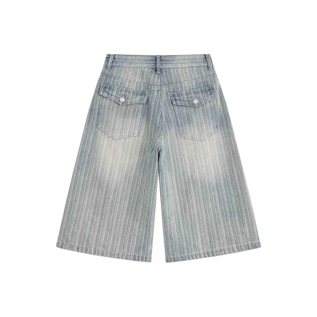 拓菲 美式百搭宽松条纹七分裤牛仔短裤 男女同款