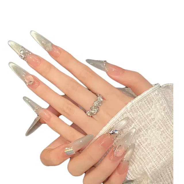 柚予颜 白巧月光猫眼珍珠链条碎钻  穿戴甲 尖型透色裸色 纯欲