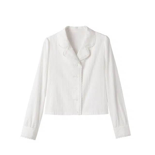 花栗鼠小姐 白甜梨套组 甜美精致减龄重工森系拼接镂空花边少女长袖衬衫 女款 米白