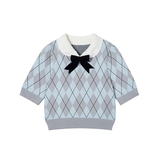 小镇姗姗 童话镇~菱格甜美短款学院风针织上衣蝴蝶结修身针织衫 女款
