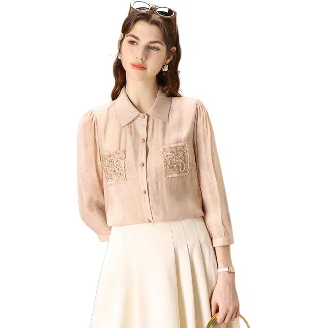 粉红玛琍 纯色翻领纽扣七分袖衬衫 女款 卡其