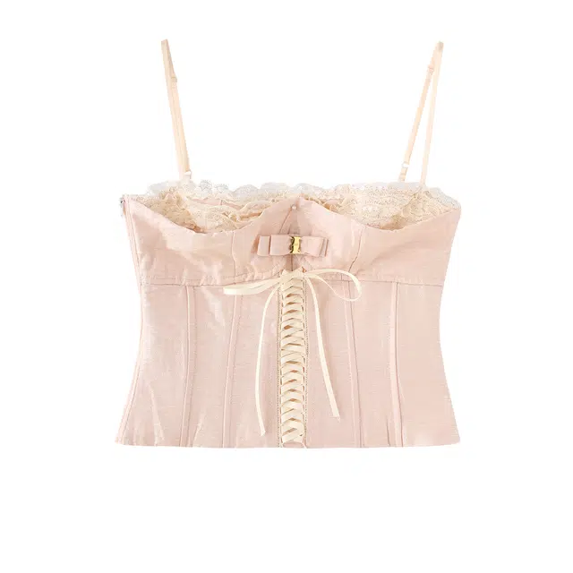 花栗鼠小姐 纯欲甜美风蝴蝶结蕾丝花边拼接鱼骨收腰吊带 女款 粉色