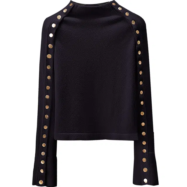 丝柏舍 纽扣装饰半高领显瘦上衣长袖简约短款针织衫 女款