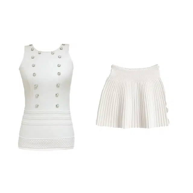 哒头下雨不愁 氛围修身圆领无袖上衣与名媛气质高腰百搭简约纯色百褶裙尽显名媛气质裙装套装 女款 经典白色杏色