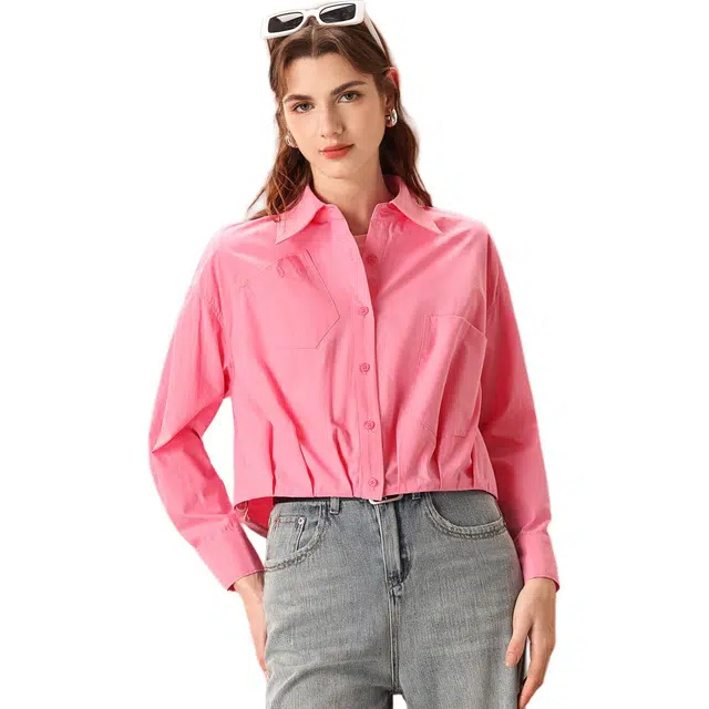 粉红玛琍 时尚休闲短款翻领单排扣长袖衬衫 女款 粉色