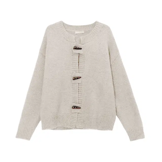 柏黛妃 复古慵懒风单排扣开衫短款小个子长袖针织衫 女款 浅灰色