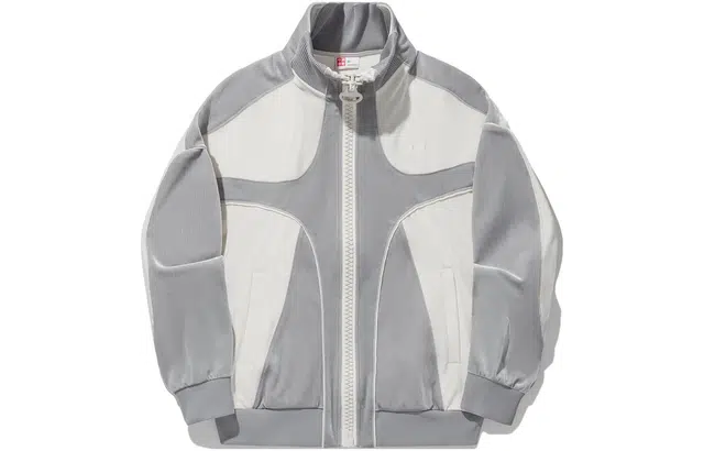 中国李宁 撞色立领宽松针织夹克外套 女款 米白色极致灰